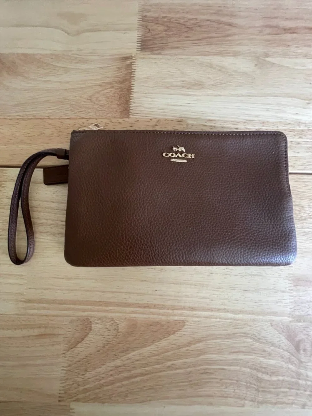 Coach Brown Pebble Leather Double Zip Wristlet Wallet F87587